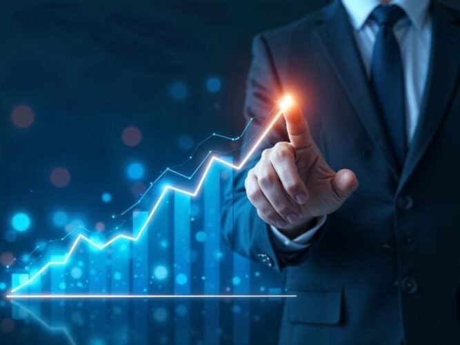 Businessman pointing to a graph comparing google ads vs social media marketing performance metrics.