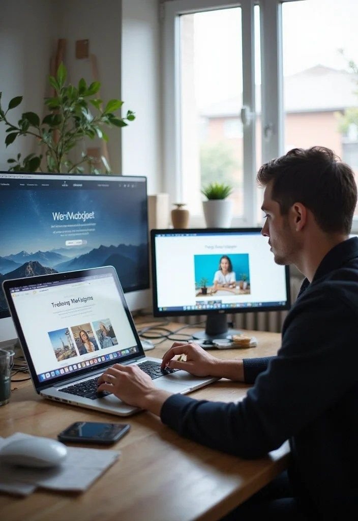 A man at a desk with two computers, illustrating why every business needs a website for effective online presence.